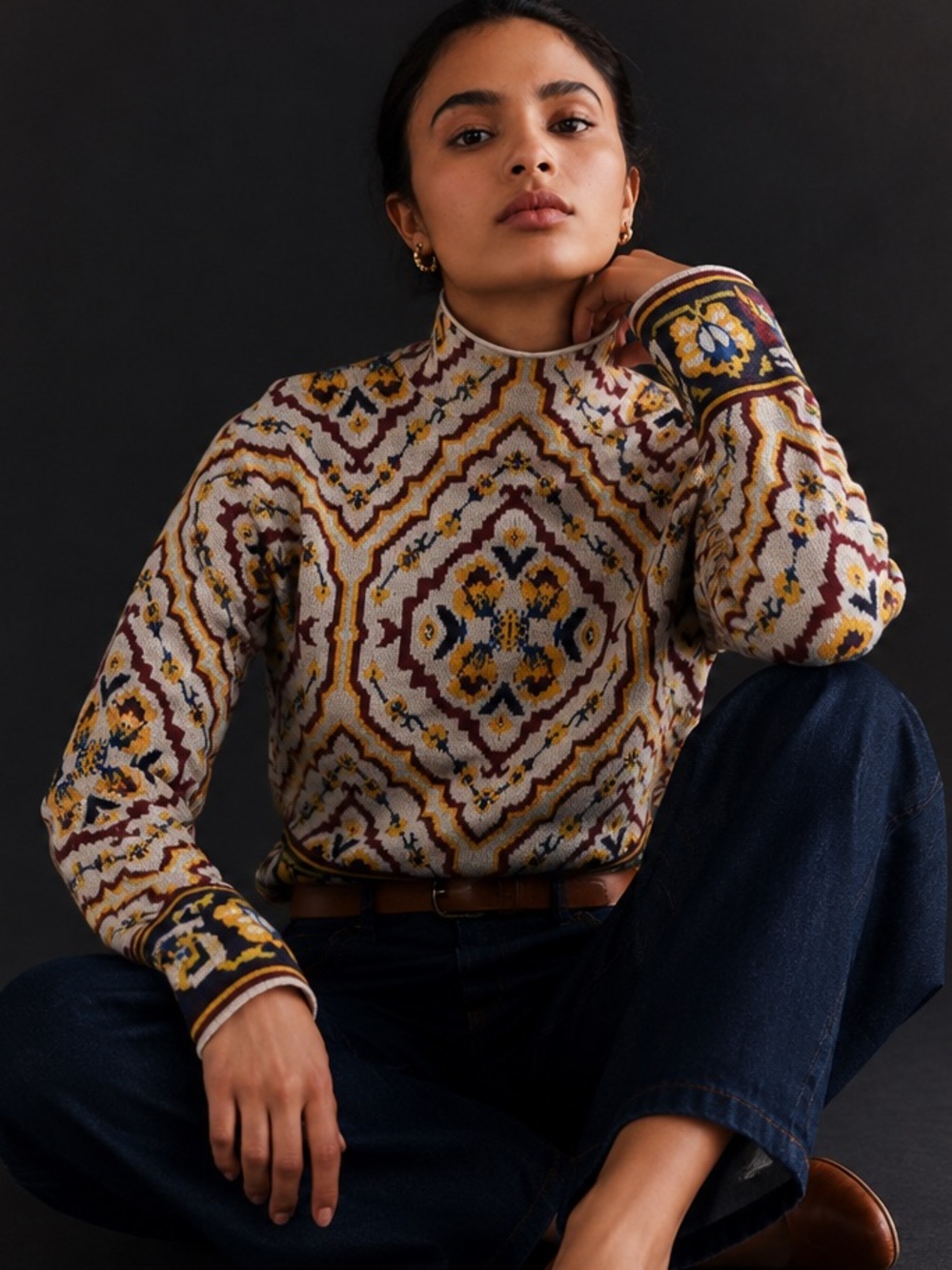 Anthropologie Tapestry Knit Mock Neck Sweater